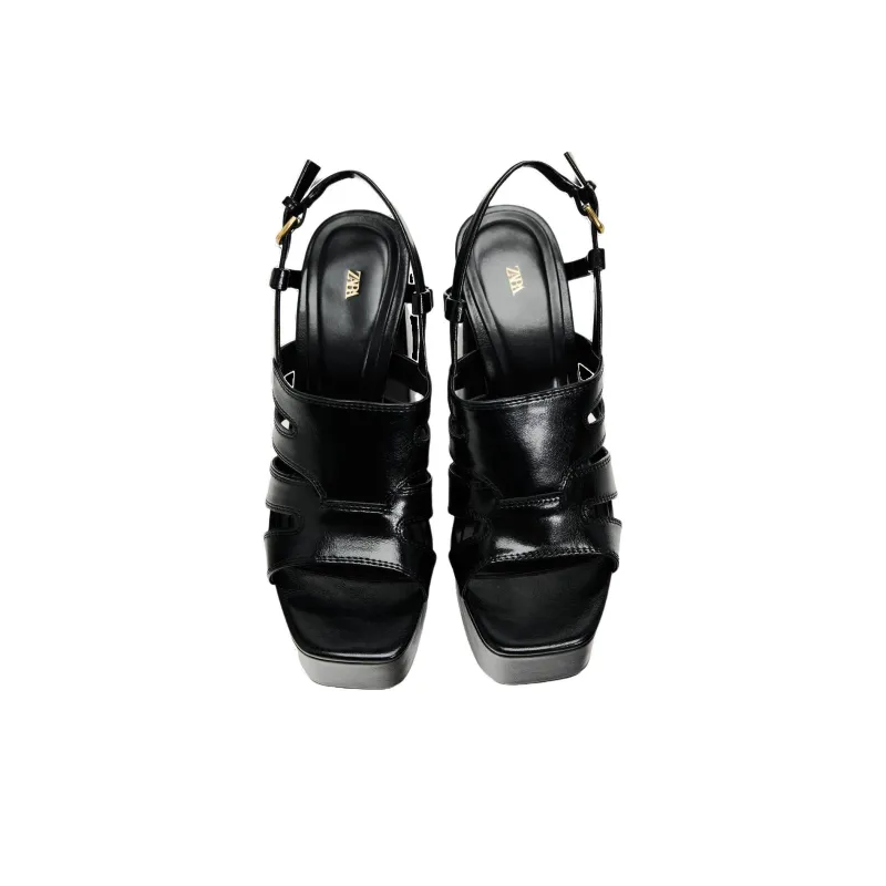 ZARA Strap Sandals 14cm Women's Black-4