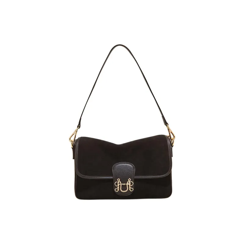 Marino Orlandi Cow Split Leather Bonded Synthetic Leather Shoulder Bag Medium Size Women's Black/Brown-2