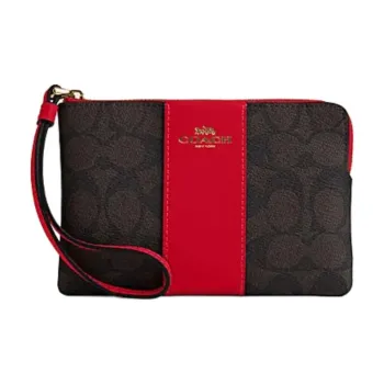 COACH Corner Zip Artificial Leather Bonded Cow Split Leather Wrist Bags Clutches Small Size Women's Walnut & Red