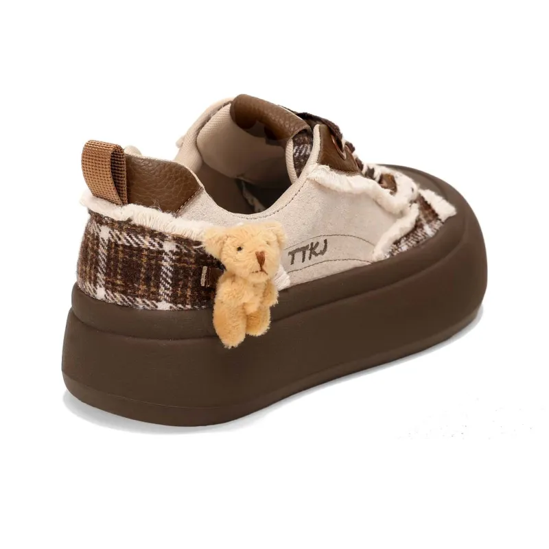 TTKJ Height Increasing Wear Resistant Slip Resistant Low Top Skateboard Shoes Women's Teddy Brown-2