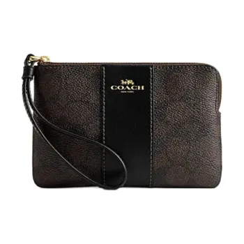 COACH Corner Zip Artificial Leather With Cow Split Leather Wrist Bag Clutch Trumpets Women's Walnut & Black
