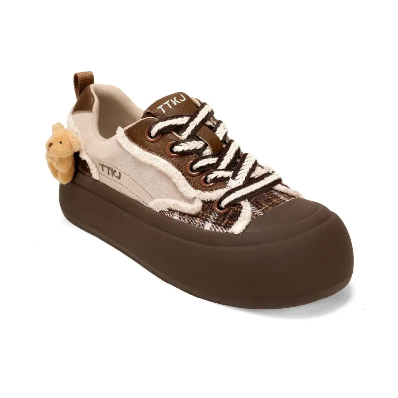 TTKJ Height Increasing Wear Resistant Slip Resistant Low Top Skateboard Shoes Women's Teddy Brown-3