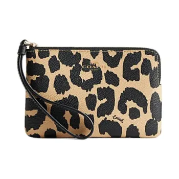 COACH Corner Zip Artificial Leather Wrist Bags Clutches Small Size Women's Leopard Print Multicolor