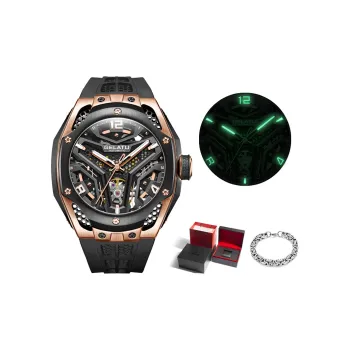 GELATU Automatic Mechanical Movement Silicone Strap Men's Watches Black Dial