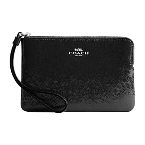 COACH Corner Zip Cow Leather Wrist Bags Clutches Small Size Women's Black
