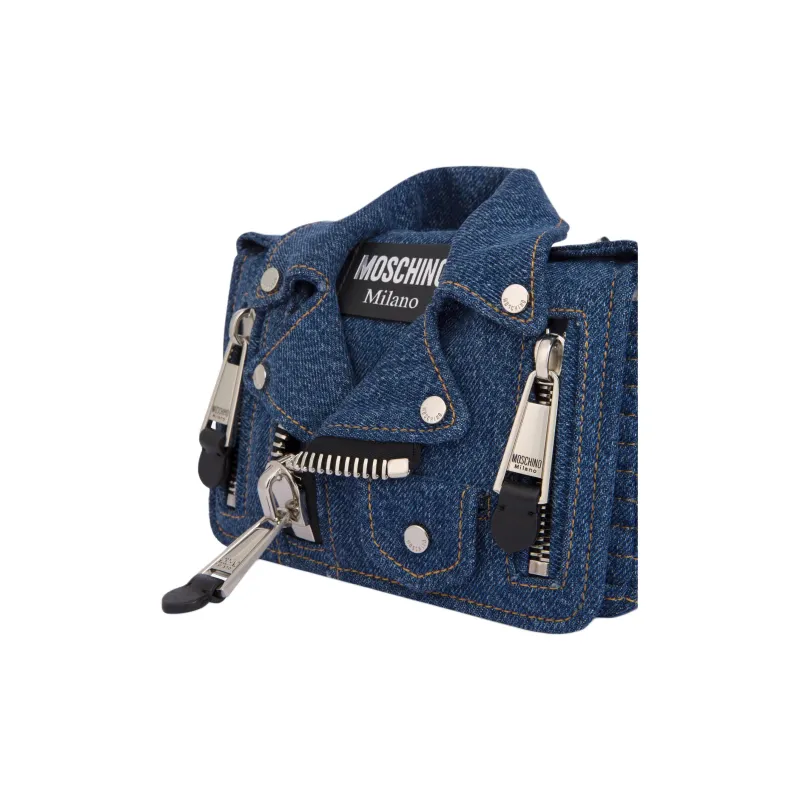 MOSCHINO Jacket-Style Logo Patch Denim Shoulder Bag-3