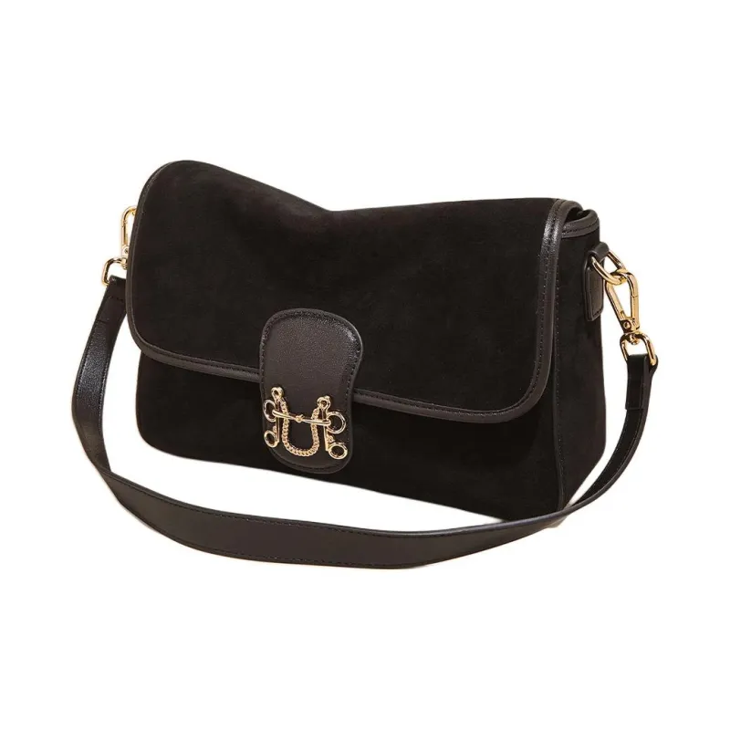 Marino Orlandi Cow Split Leather Bonded Synthetic Leather Shoulder Bag Medium Size Women's Black/Brown-1