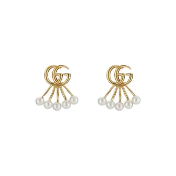 GUCCI Glass Pearl Stud Earrings Unisex Gold/White