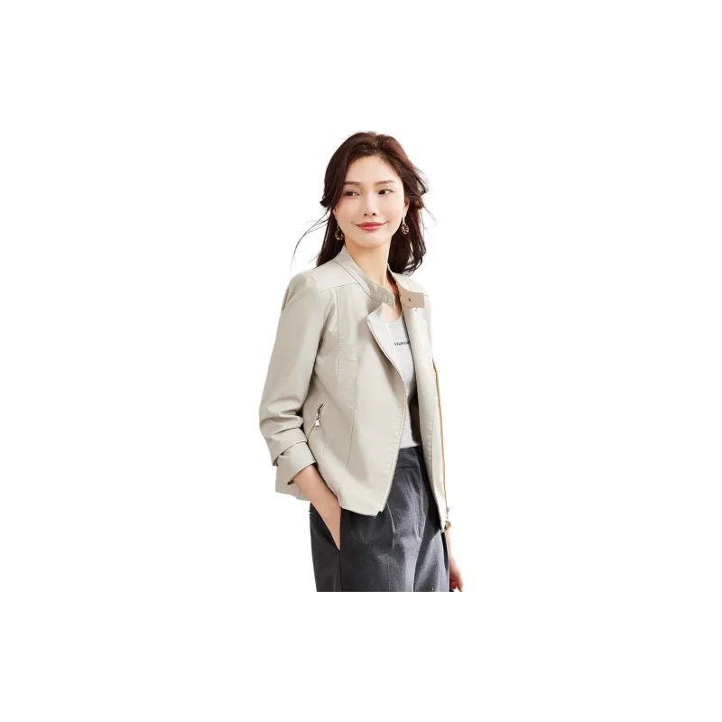 TERRE BLEUE Leather Jacket Women's Beige-2