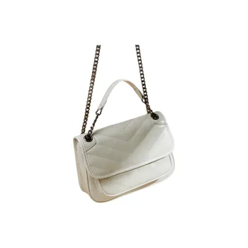 DIFENISE Top Grain Cow Leather Shoulder Bag Crossbody Bag Medium Size Women's Milkshake White/Ink Black
