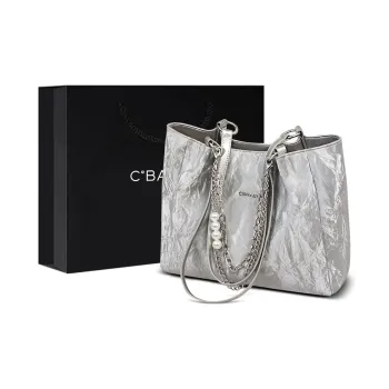 C°BANNER Cow Leather One Shoulder Handbag, Tote Bag Large Size Women's Silver