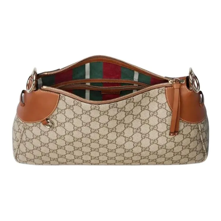 GUCCI Coated Canvas With Leather Binding Handbag Shoulder Bag Medium Size Women's Beige & Dark Brown-4