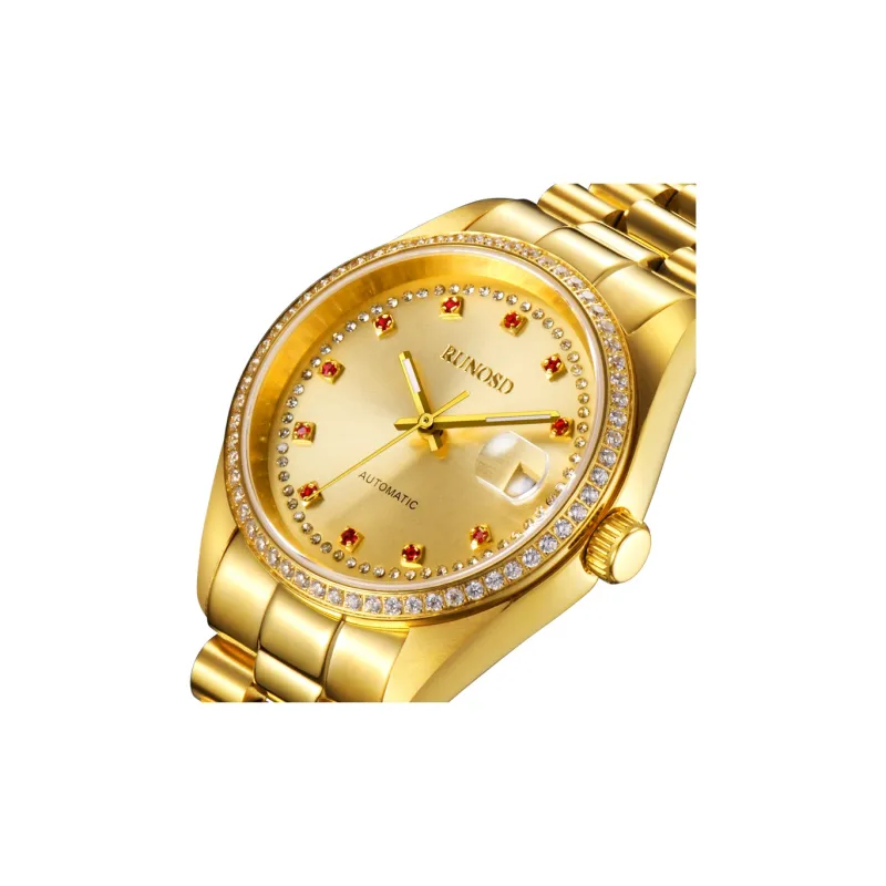 RUNOSD Automatic Mechanical Movement Gold-Plated Strap Watch Men's Watches Gold Dial-1