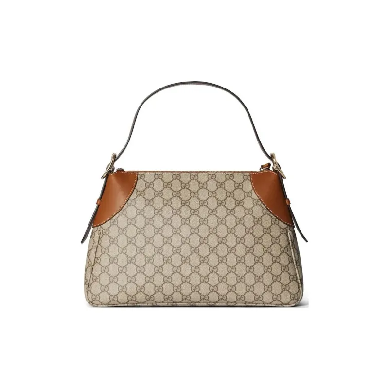 GUCCI Coated Canvas With Leather Binding Handbag Shoulder Bag Medium Size Women's Beige & Dark Brown-3
