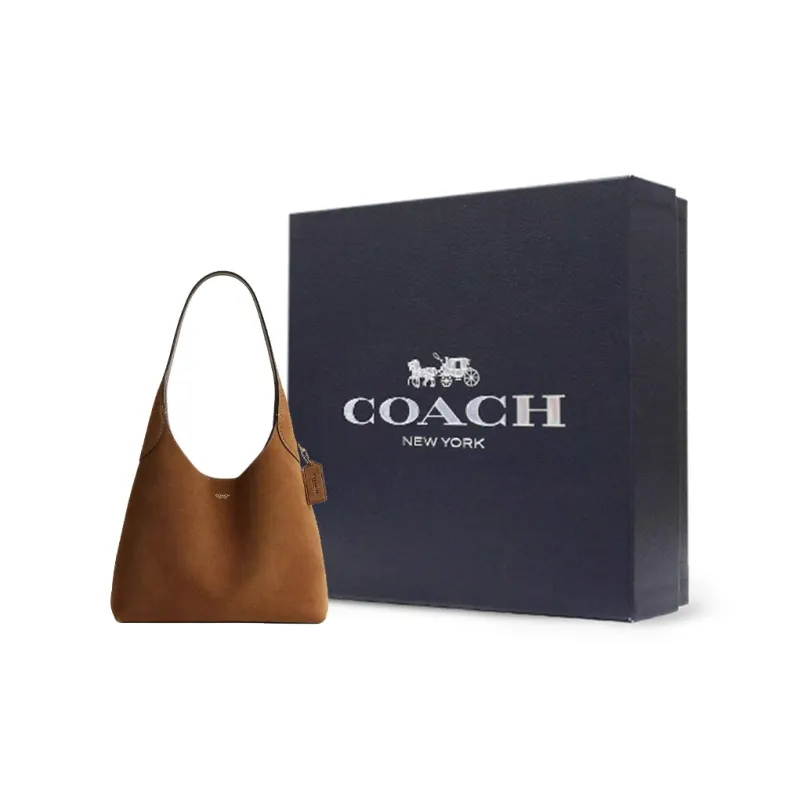 COACH Suede Studded Leather Hobo Bag Handbag Shoulder Bag Large Size Women's Cedar Color-8