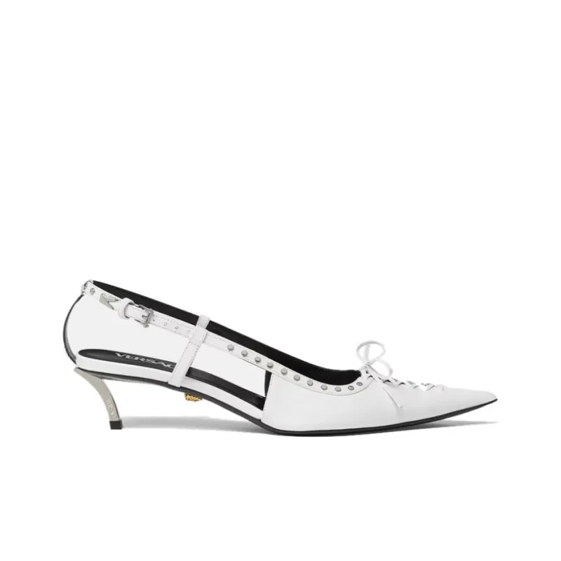 VERSACE Slim Heel Mid Low Heel Shoes Women's White-1