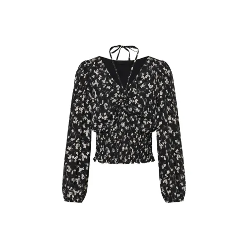 MO&CO Crop Tops Women's Black Background With Small Floral Pattern