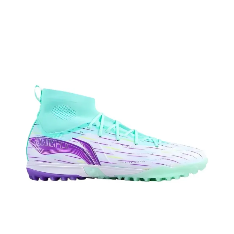 LINING Soccer Shoes Men High Top Standard White/Fluorescent Light Cyan Green/Ultraviolet-1