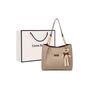 CinvaiKrose Cow Leather Tote Underarm Shoulder Bag Medium Large Women's Meteorite Khaki/Night Radiance Black