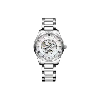 ABA Athena Icy Clear White Premium Automatic Mechanical Movement Ceramic Strap Women's Watch White Dial