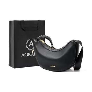 AOKANG Cow Leather Commute Bag, Croissant Bag, Crescent Bag, Shoulder Bag Small Size Women's Classic Black/Salt Khaki