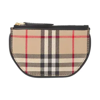 Burberry Olympia Cotton Calfskin Half Moon Bag Clutch Money Clip Storage Wallet Coin Purse Unisex Khaki