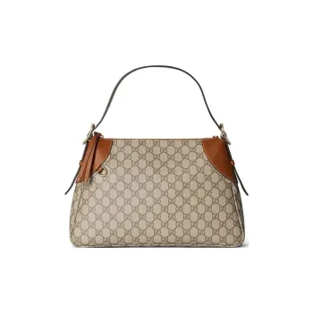 GUCCI Coated Canvas With Leather Binding Handbag Shoulder Bag Medium Size Women's Beige & Dark Brown