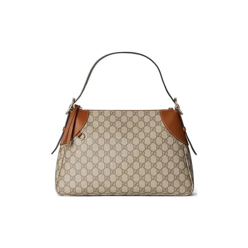 GUCCI Coated Canvas With Leather Binding Handbag Shoulder Bag Medium Size Women's Beige & Dark Brown-0