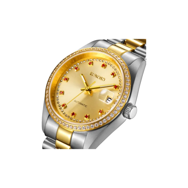 RUNOSD Automatic Mechanical Movement Gold-Plated Strap Watch Men's Watches Gold Dial-10