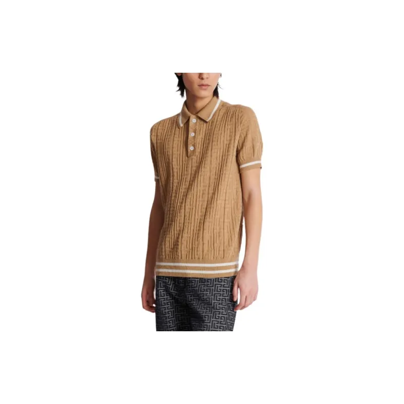BALMAIN Monogram Jacquard Knitted Polo Shirt-3
