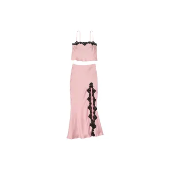 Victoria's Secret Satin Lace-Trim Cropped Top & Slip Skirt Set / C R Pajama Set Women's Pink