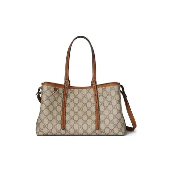 GUCCI Emblem Coated Canvas Small Tote Bag Shopping Bag Crossbody Handbag Women's Brown