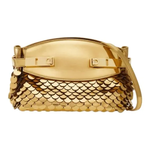 FERRAGAMO GANCINI Patent Leather Calfskin Fabric With Sequins One Shoulder Crossbody Clutches Small Size Women's Gold