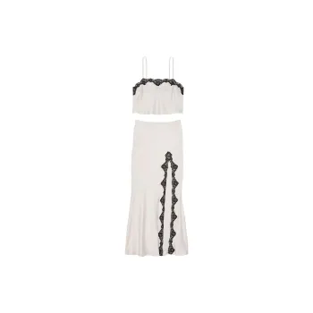 Victoria's Secret 24 Big Show Collection Satin Lace-Trim Cropped Top&Slip Skirt Set/CW Pajama Set Women's Coconut White