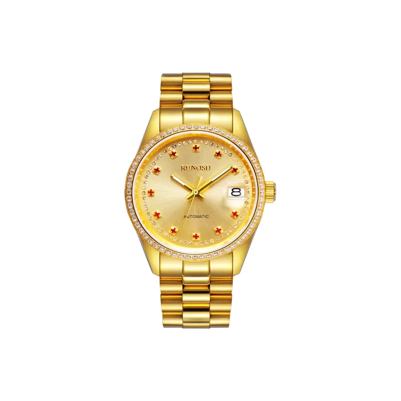 RUNOSD Automatic Mechanical Movement Gold-Plated Strap Watch Men's Watches Gold Dial-0