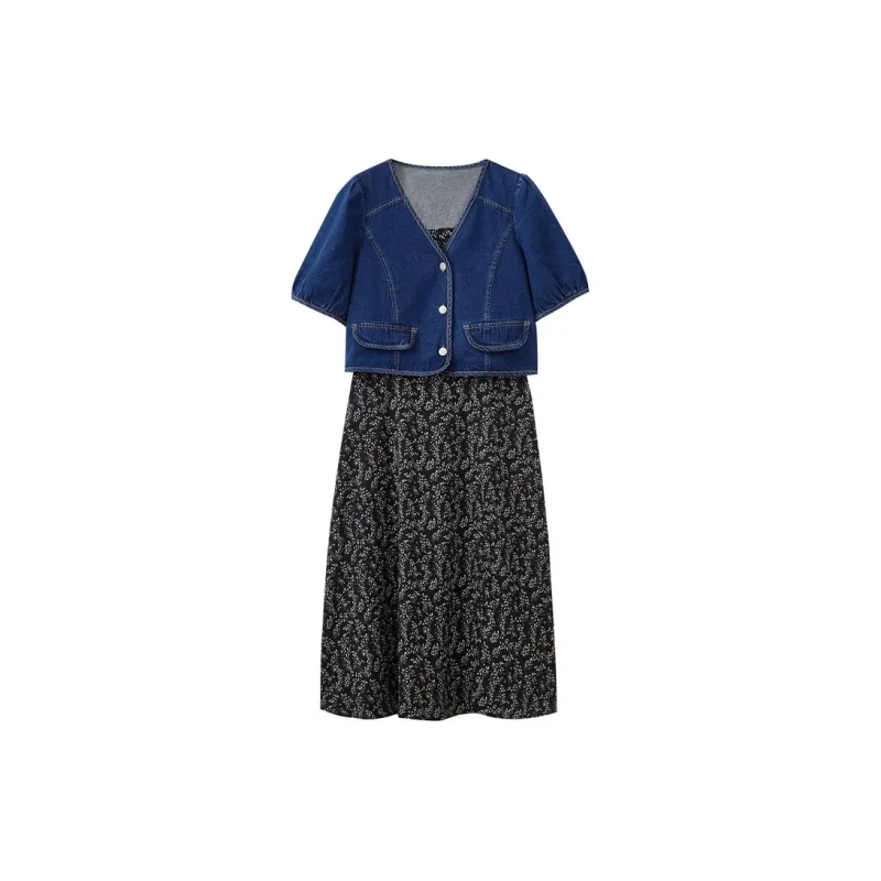 SHUIYUNJIAN Skirt Set Women's Denim Blue Floral-1