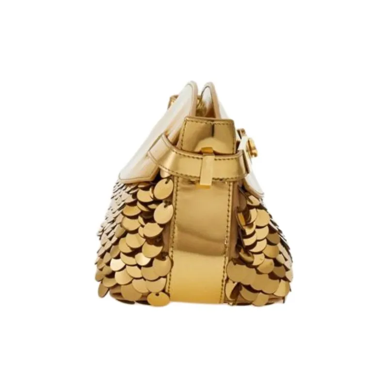 FERRAGAMO GANCINI Patent Leather Calfskin Fabric With Sequins One Shoulder Crossbody Clutches Small Size Women's Gold-1