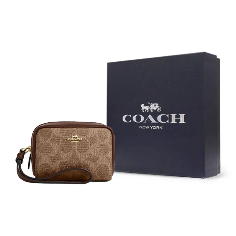 COACH Artificial Leather With Recycled Leather Wrist Bag Clutch Regular Women's Brown & Yellow & Brown-4
