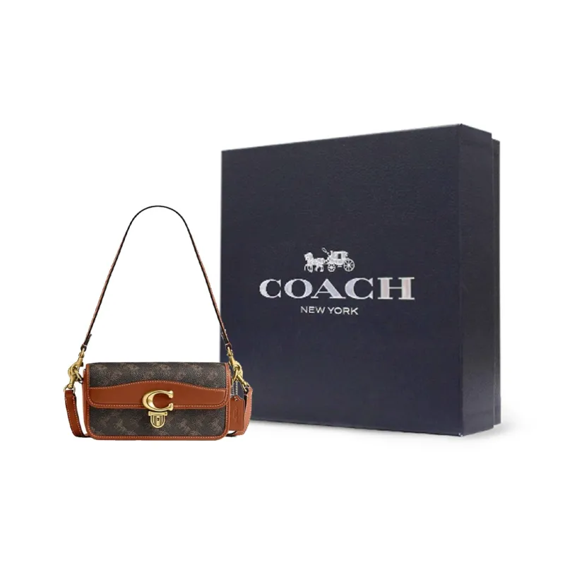 COACH Studio Artificial Leather With Cow Leather Shoulder Bag, Crossbody Bag Trumpets Women's Black & Brown-6