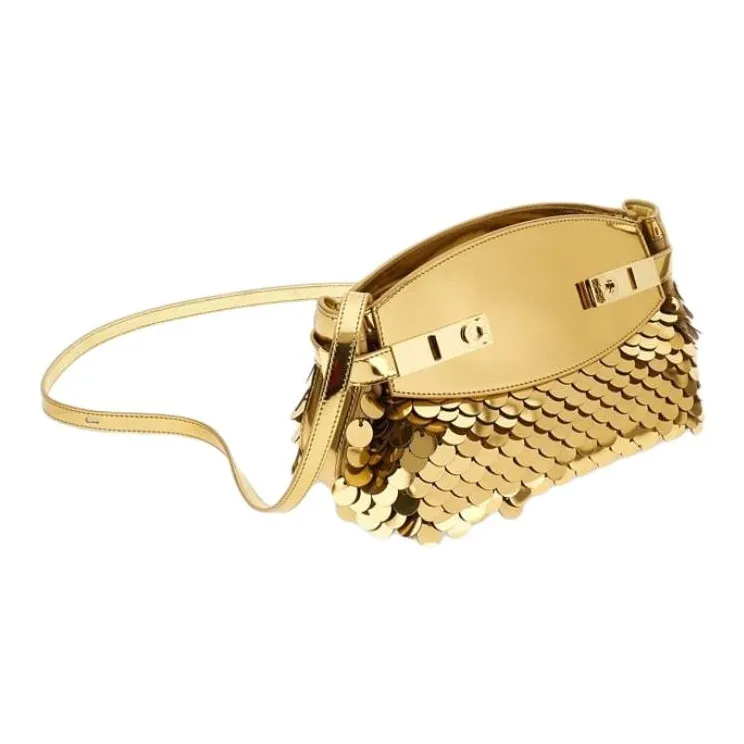 FERRAGAMO GANCINI Patent Leather Calfskin Fabric With Sequins One Shoulder Crossbody Clutches Small Size Women's Gold-3