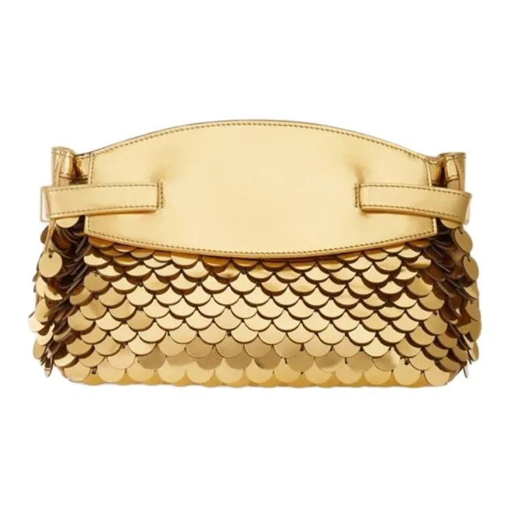 FERRAGAMO GANCINI Patent Leather Calfskin Fabric With Sequins One Shoulder Crossbody Clutches Small Size Women's Gold-2