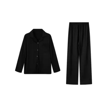 Sleep Long-Sleeved Pants Cardigan Loungewear For Students Dormitory Home Outerwear-Ready Women's Black