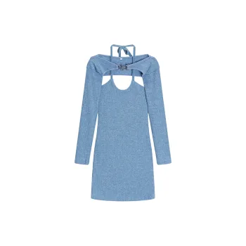Long Sleeved Dresses Women's Blue Single Item