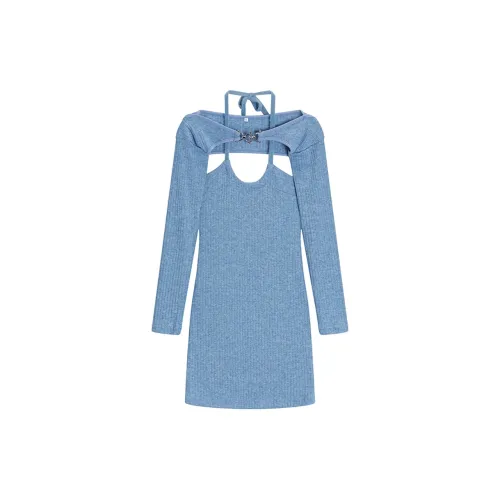 Long Sleeved Dresses Women's Blue Single Item