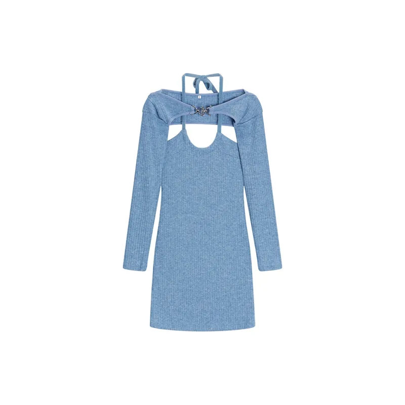 Long Sleeved Dresses Women's Blue Single Item-0