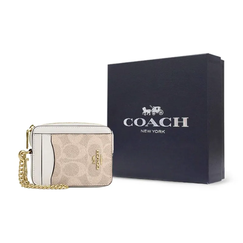 COACH Zip Top Card Case Artificial Leather With Recycled Leather Card Holder Women's Sand Yellow & Chalk White-6