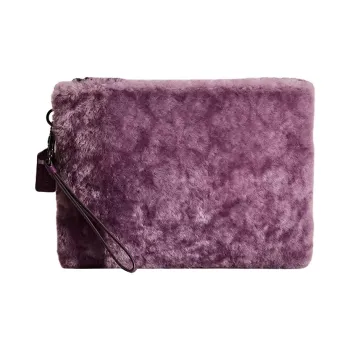 COACH Charter Shearling With Glove Tanned Leather Clutch Large Size Women's Light Purple