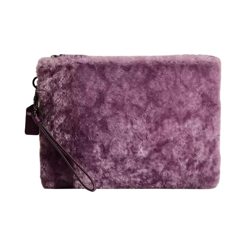 COACH Charter Shearling With Glove Tanned Leather Clutch Large Size Women's Light Purple-0