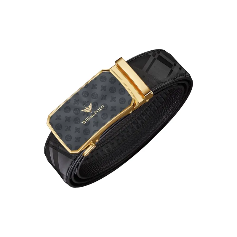WilliamPOLO Cow Leather Leather Belts Men's Gold Buckle Gold Logo Width  3.5cm-2