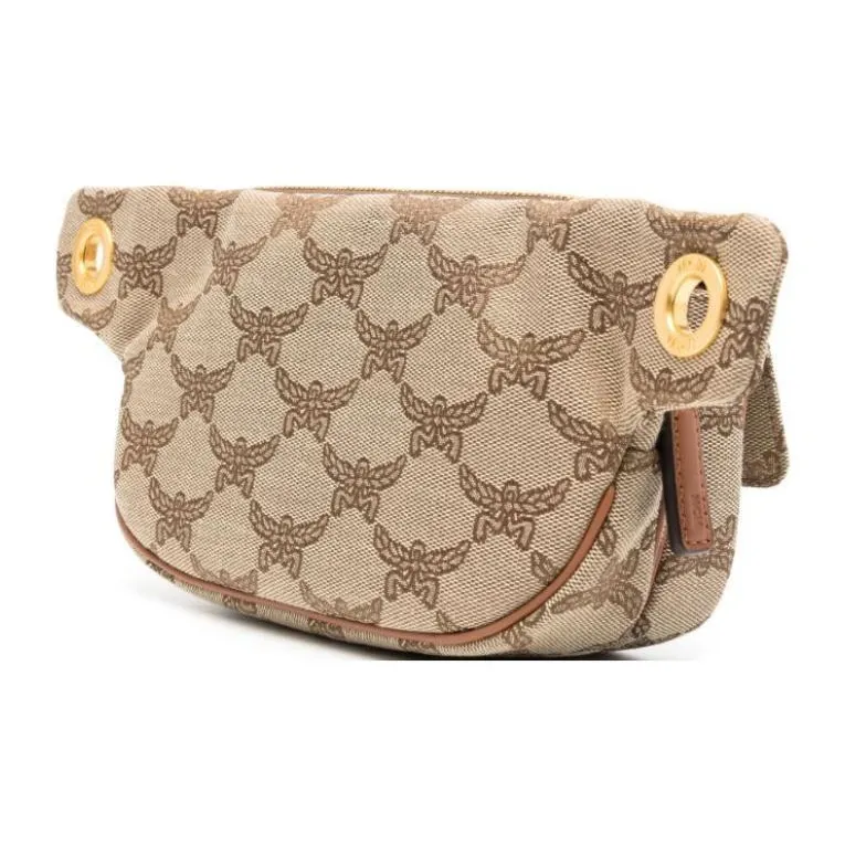 MCM Floral Pattern With Leather Trim One Shoulder Crossbody Fanny Pack Small Size Men's Beige-3